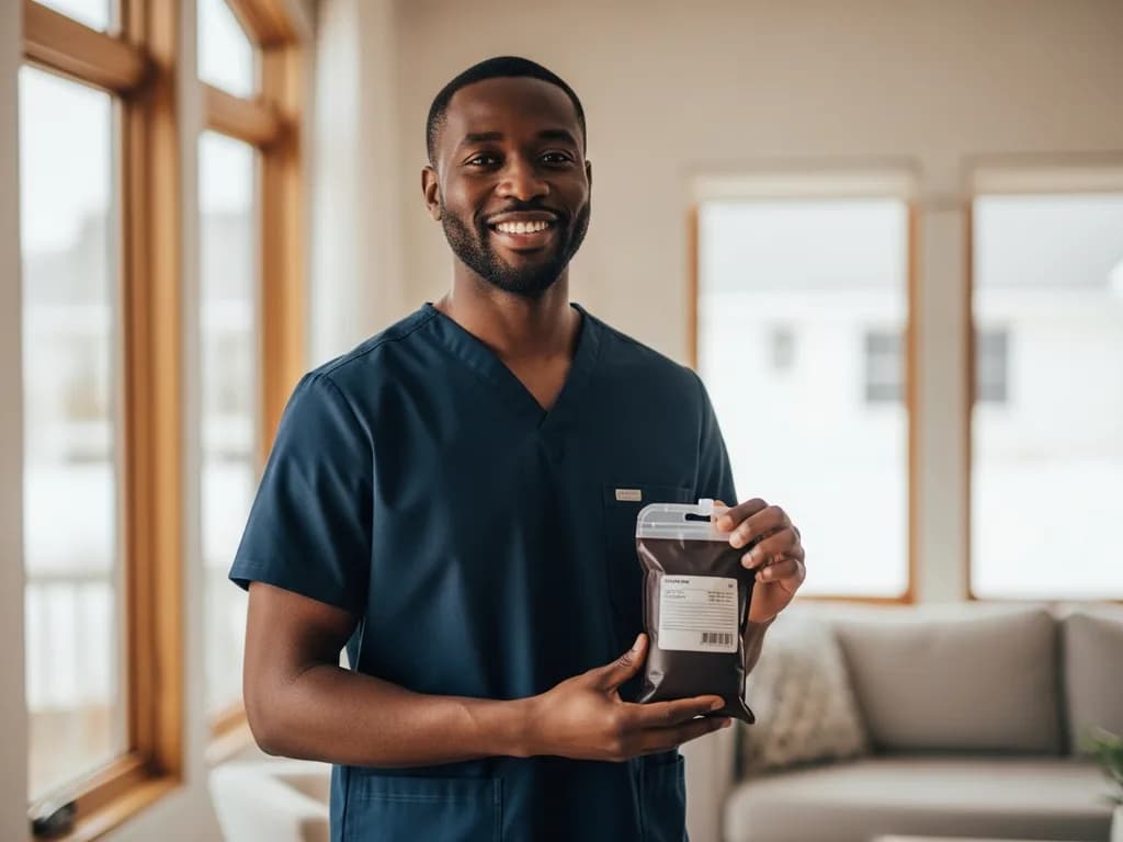 Smiling certified phlebotomist in navy scrubs holding a specimen collection kit, ready for a mobile blood draw visit