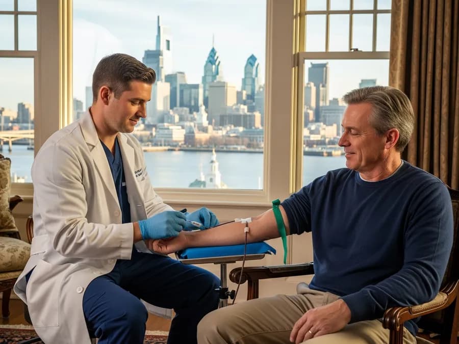 Certified mobile phlebotomist performing an at-home blood draw in Pennsylvania