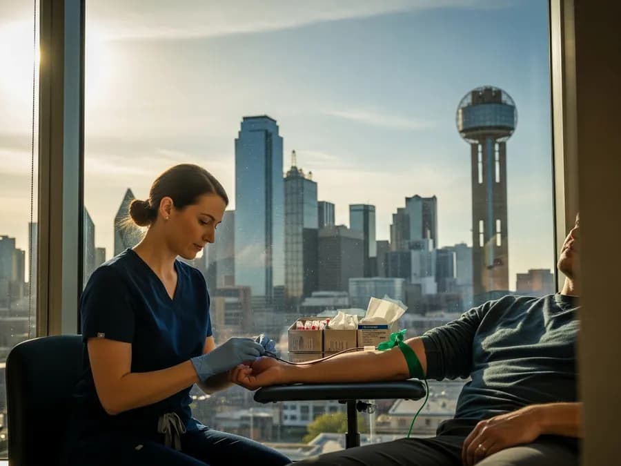 Certified mobile phlebotomist performing an at-home blood draw in Texas