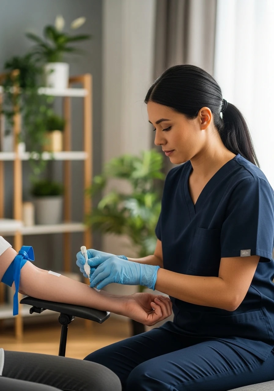 Speedy Sticks certified phlebotomist performing an at-home blood draw for a patient in a comfortable living room setting