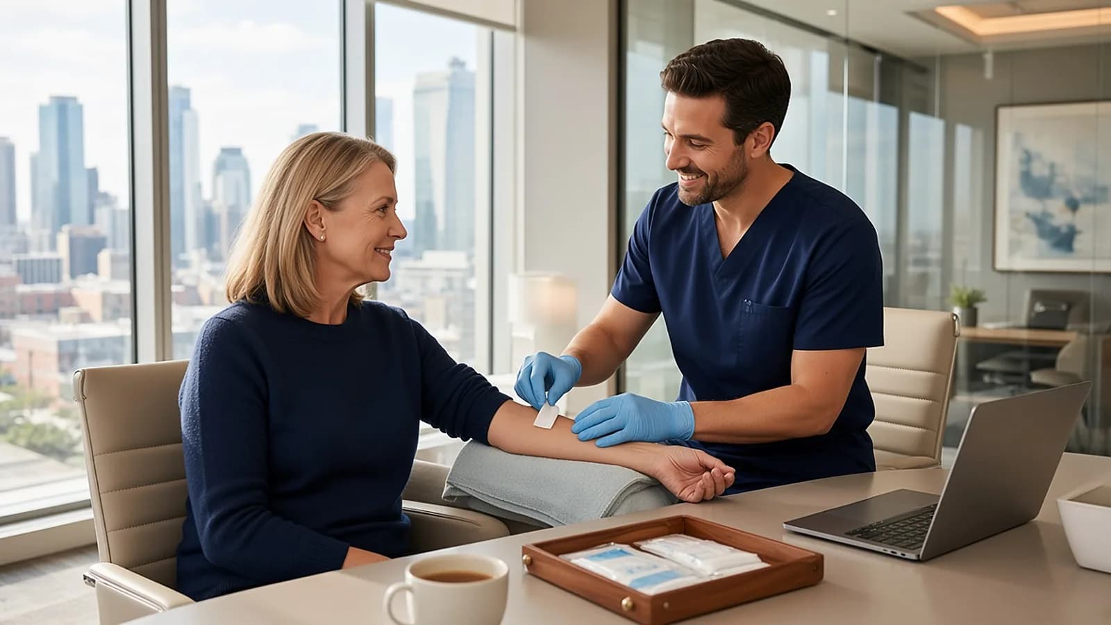 Phlebotomist in navy scrubs with an employee during an on-site biometric screening in a corporate conference room