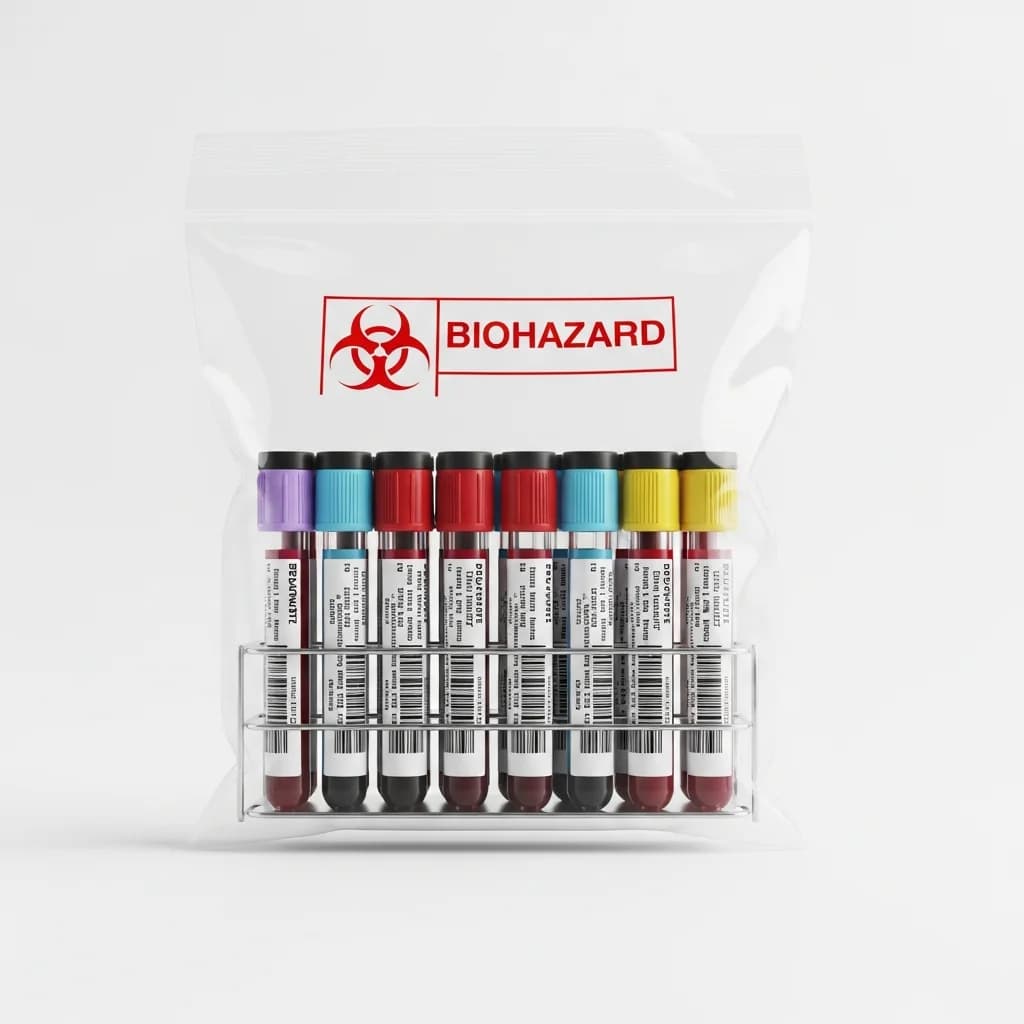Blood specimen tubes labeled and packaged for laboratory transport