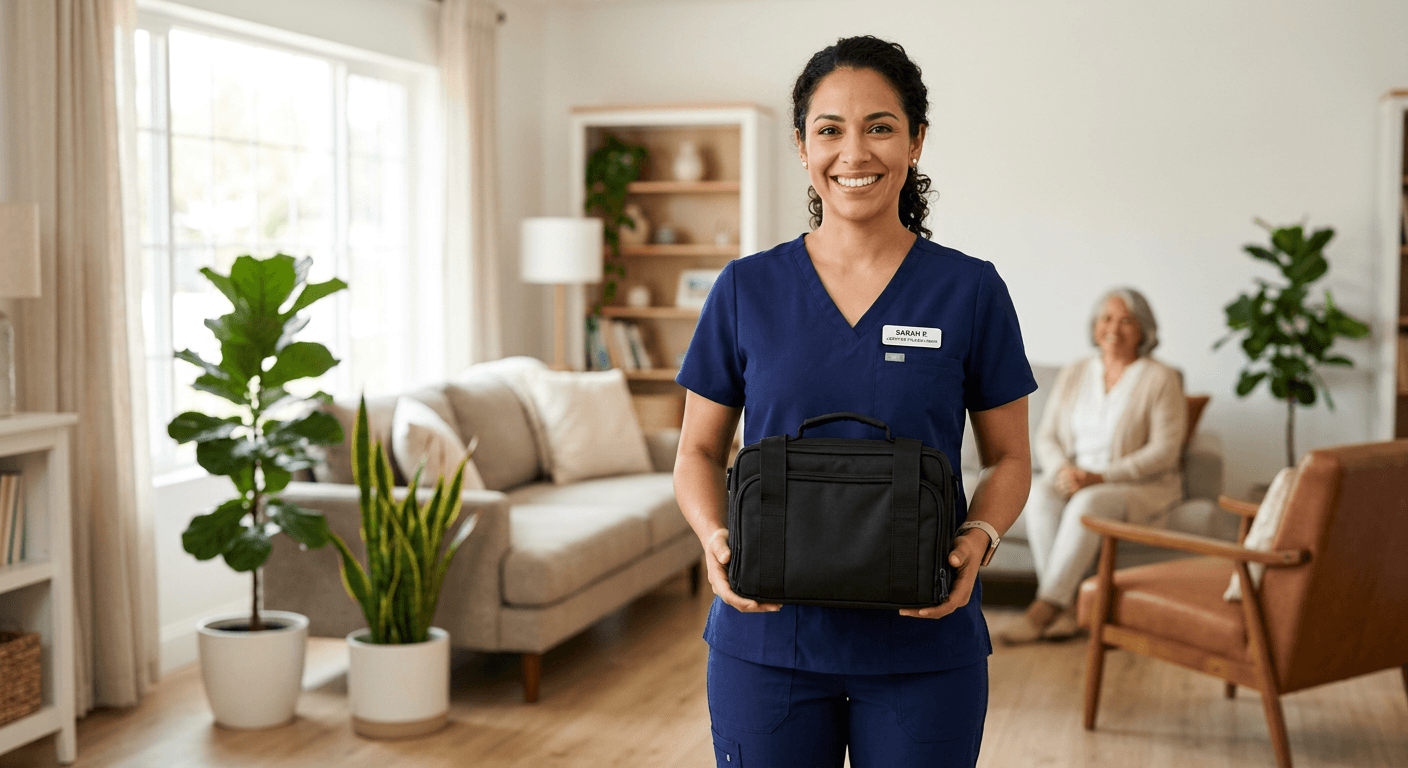 Speedy Sticks phlebotomist arriving for an at-home blood draw visit with a patient
