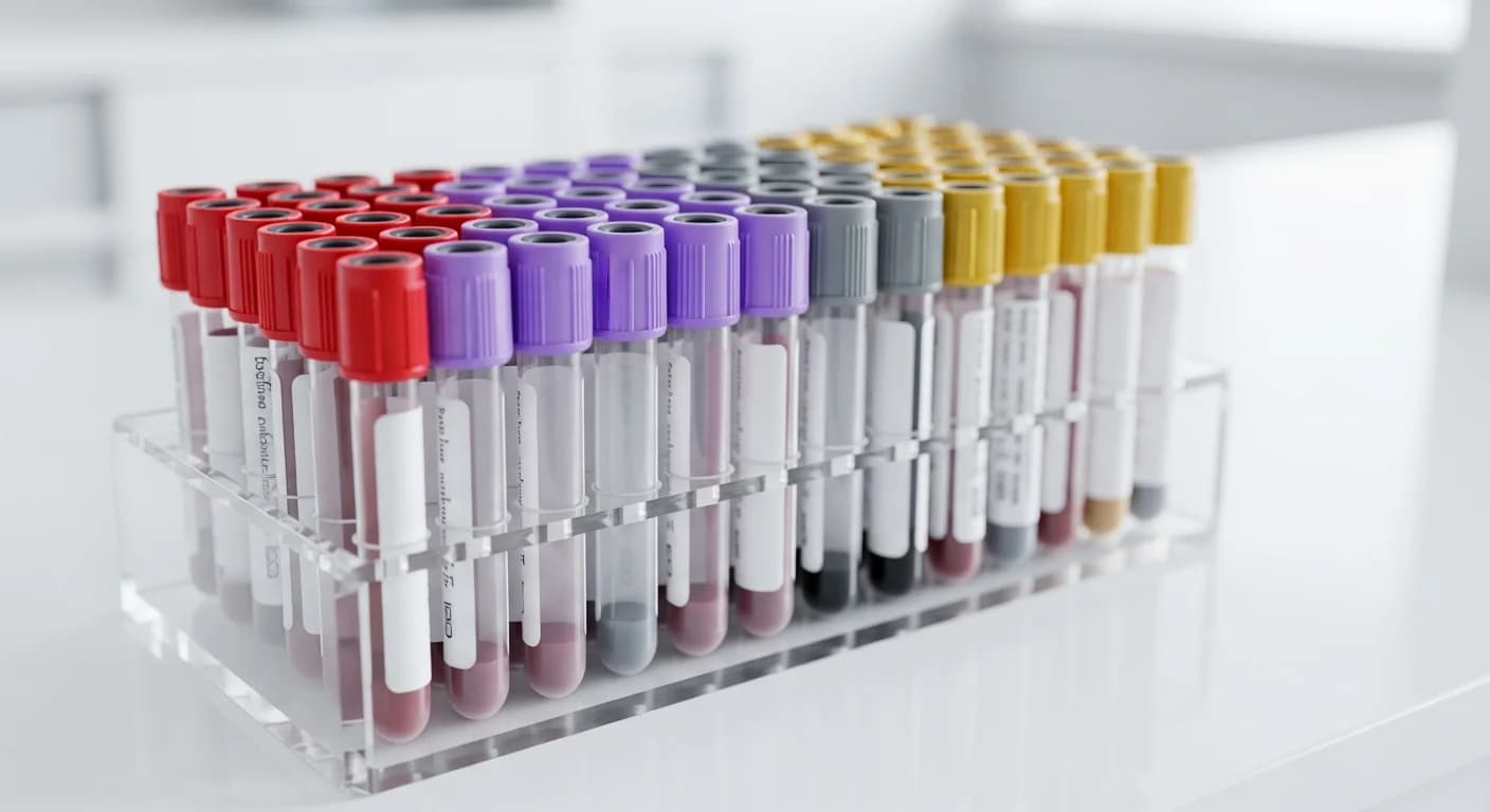 Blood collection tubes and phlebotomy supplies laid out for a lab kit draw