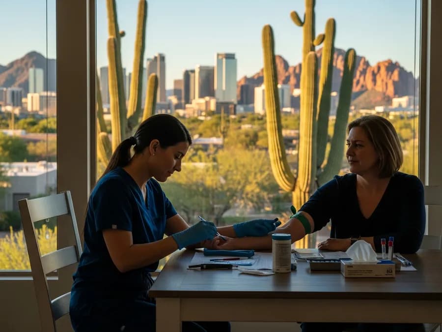 Certified mobile phlebotomist performing an at-home blood draw in Arizona