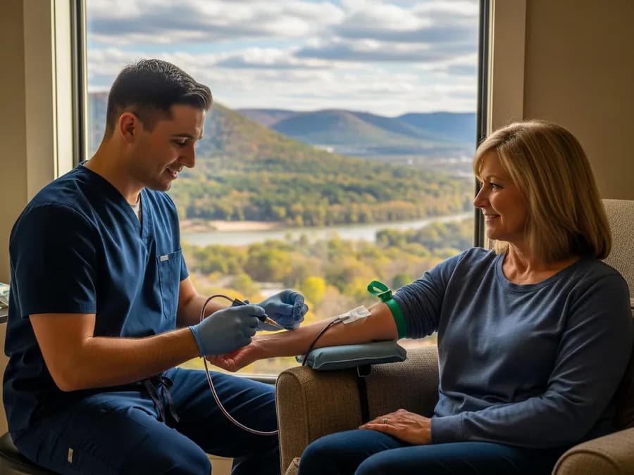 Certified mobile phlebotomist performing an at-home blood draw in Arkansas