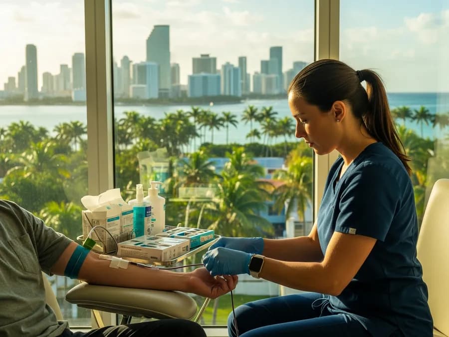 Certified mobile phlebotomist performing an at-home blood draw in Florida