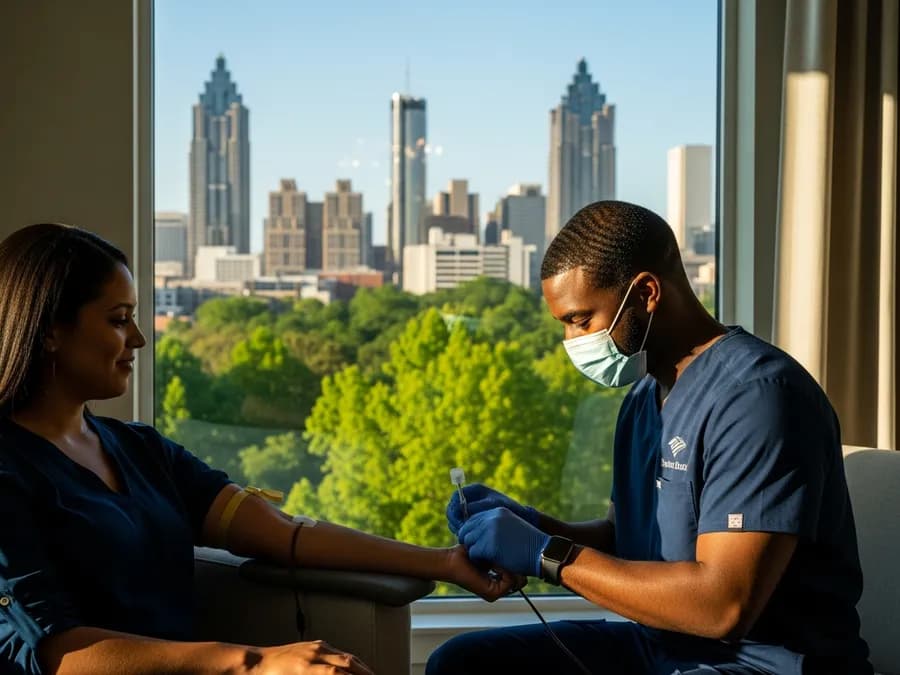 Certified mobile phlebotomist performing an at-home blood draw in Georgia