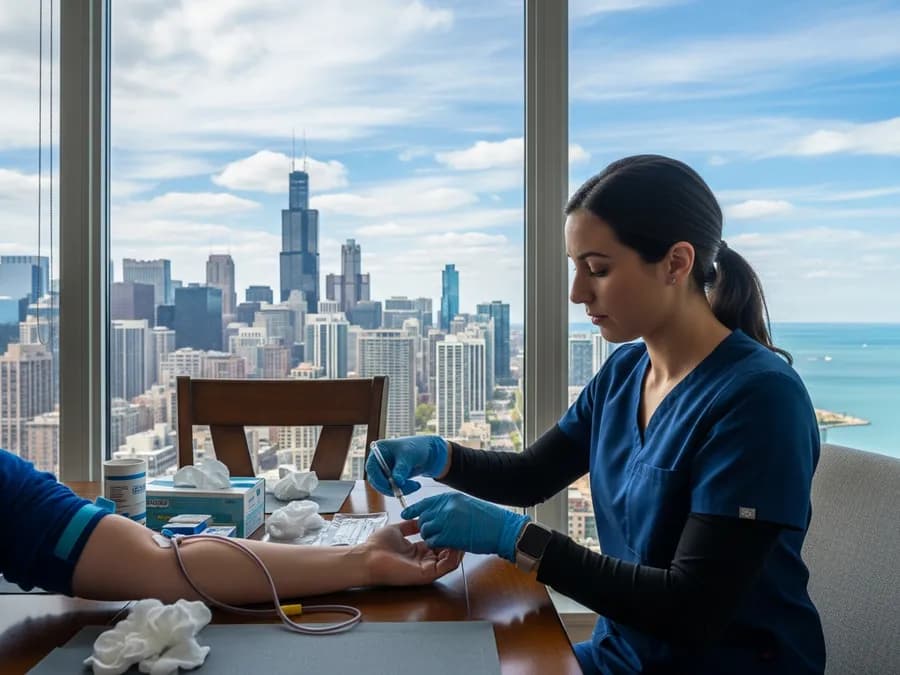 Certified mobile phlebotomist performing an at-home blood draw in Illinois