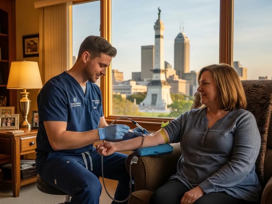 Certified mobile phlebotomist performing an at-home blood draw in Indiana