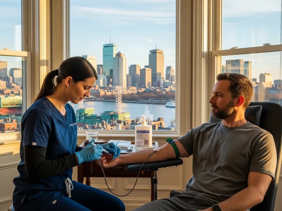 Certified mobile phlebotomist performing an at-home blood draw in Massachusetts