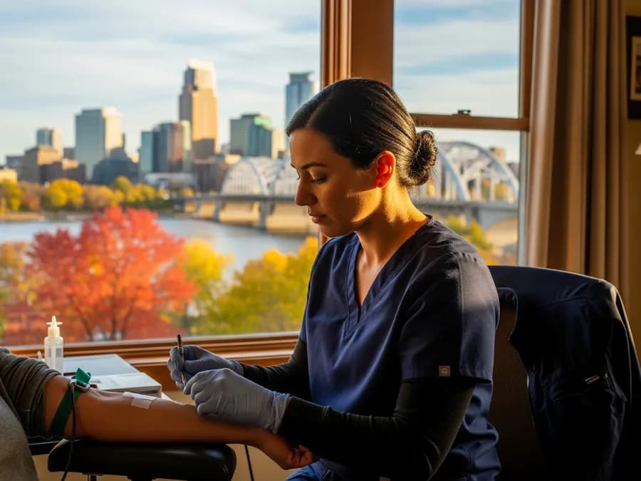 Certified mobile phlebotomist performing an at-home blood draw in Minnesota