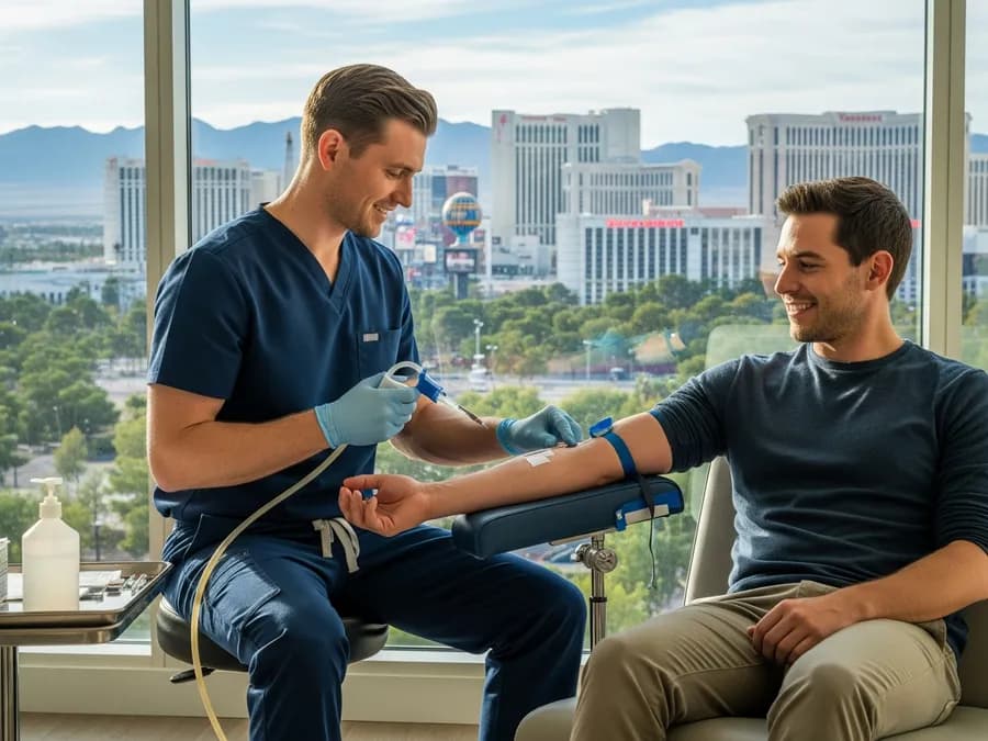 Certified mobile phlebotomist performing an at-home blood draw in Nevada