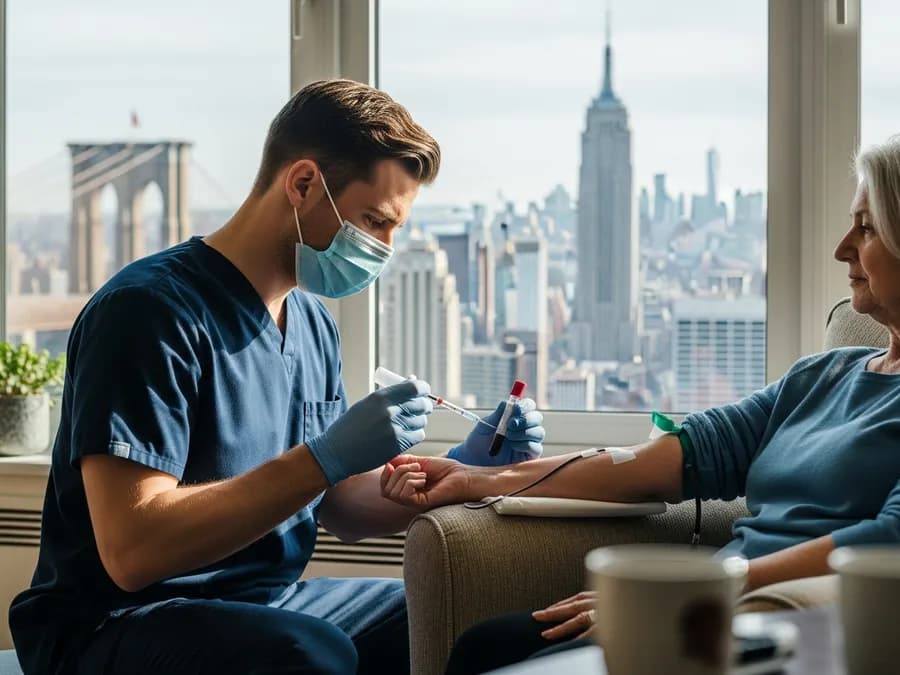 Certified mobile phlebotomist performing an at-home blood draw in New York