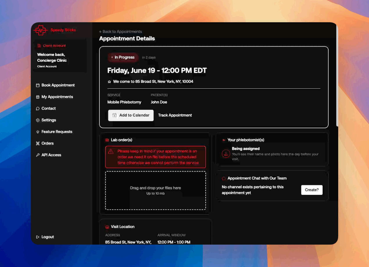 Speedy Sticks scheduling and appointment chat interface