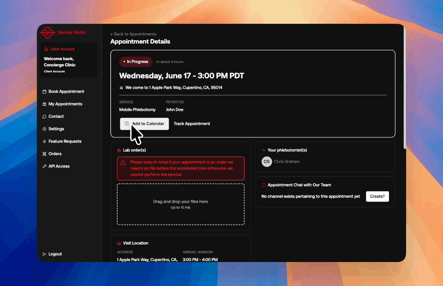Speedy Sticks real-time order and specimen tracking dashboard