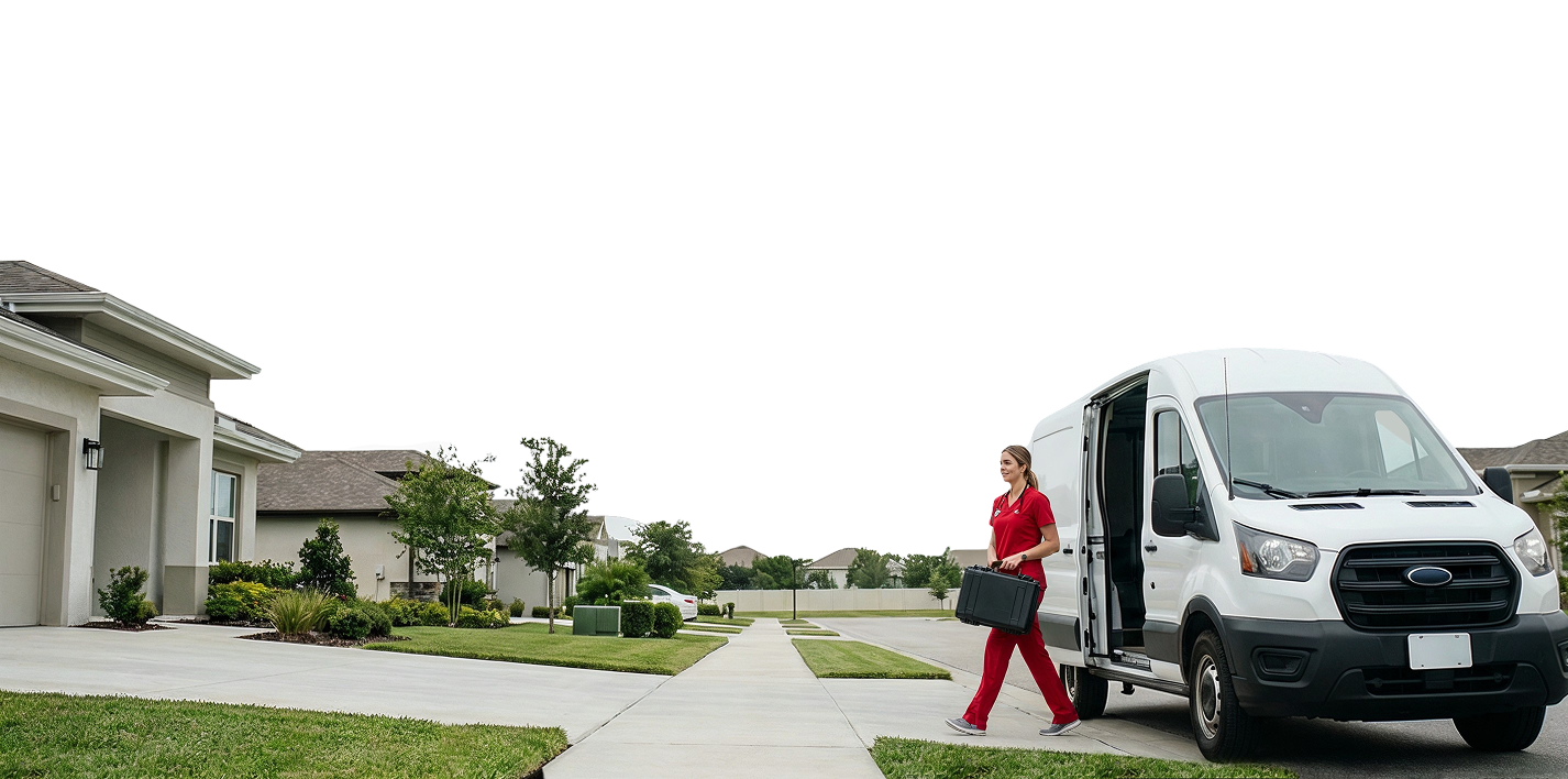 Speedy Sticks phlebotomist walking from van to a patient's home in a suburban neighborhood