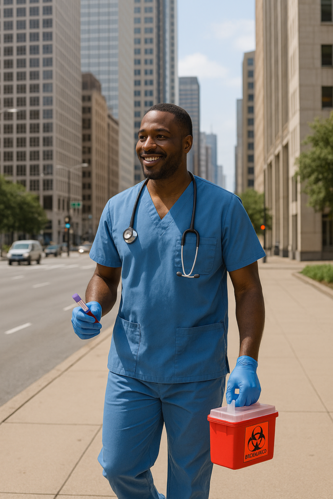 Minnesota, a phlebotomist in scrubs holding a biohazard box and specimen