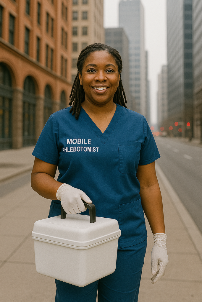 Illinois a phlebotomist in scrubs holding a biohazard box and specimen