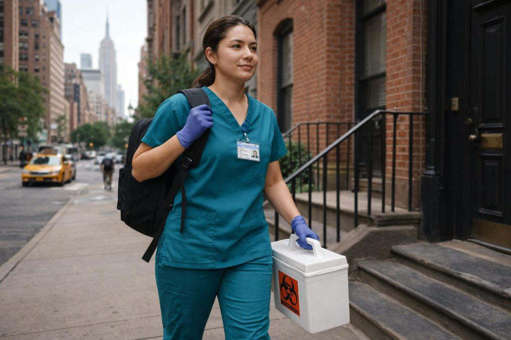 Mobile phlebotomist arriving for an appointment in New York City