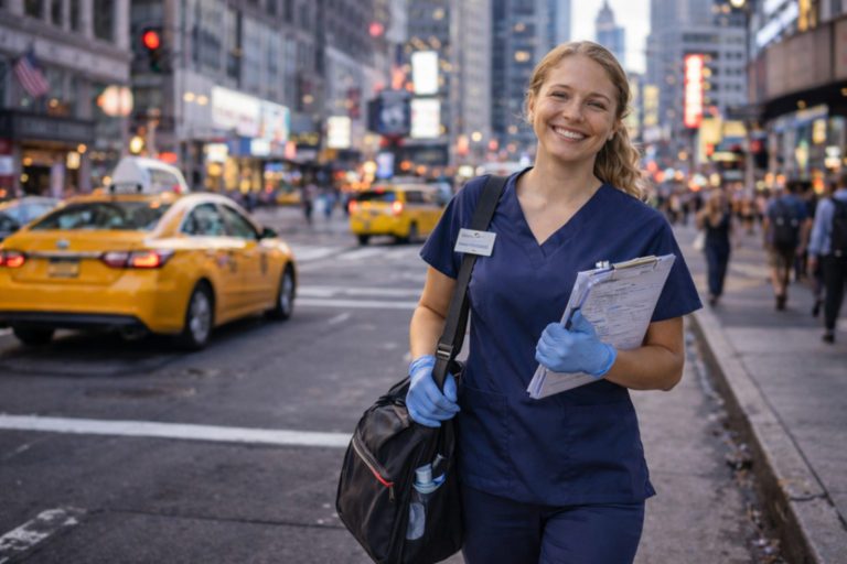 Mobile phlebotomist in New York City using the Speedy Sticks app while traveling to a patient appointment