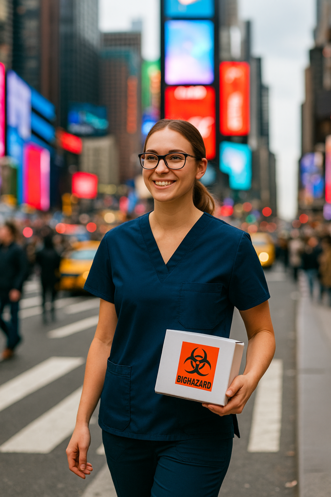 Female phlebotomist in scrubs holding a biohazard box while walking through Times Square, New York City.