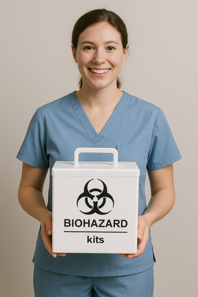 A phlebotomist in scrubs holding a biohazard box