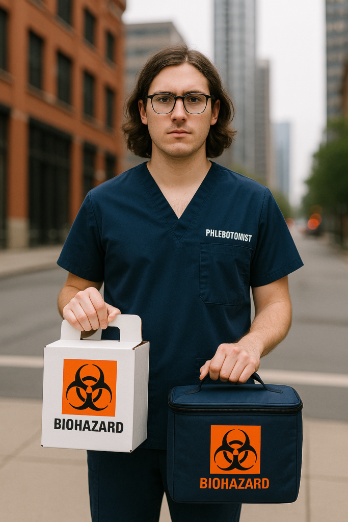 Georgia, a phlebotomist in scrubs holding a biohazard box and specimen