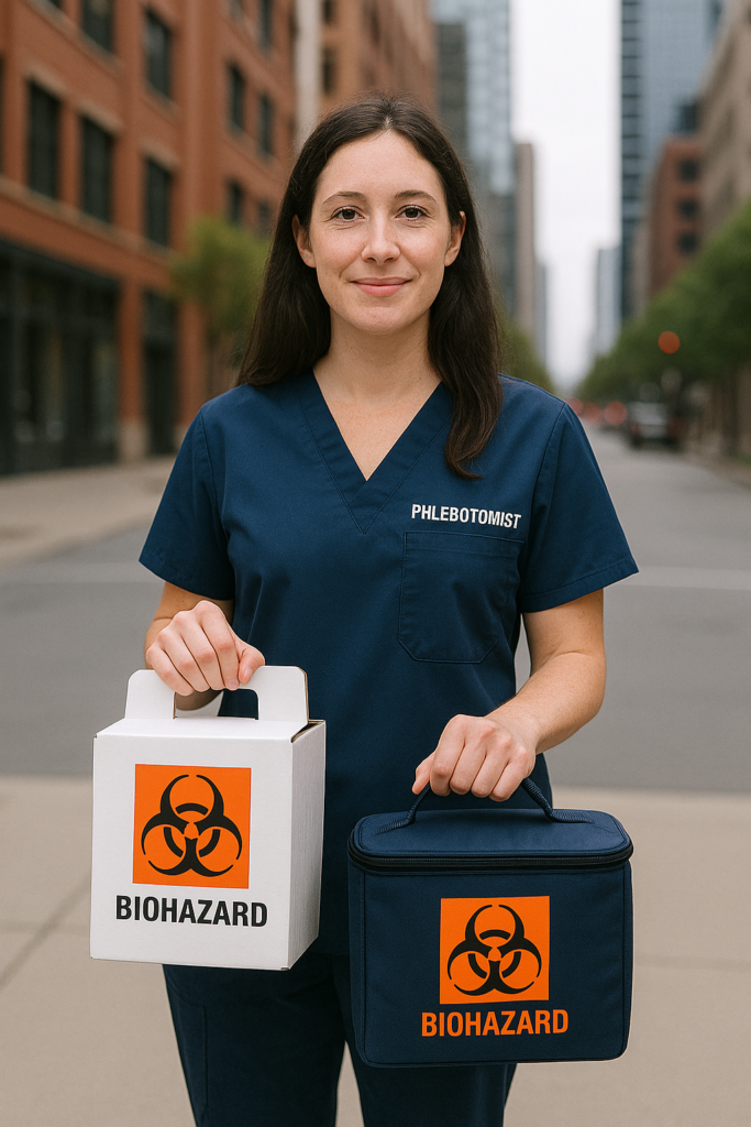 Alaska, a phlebotomist in scrubs holding a biohazard box
