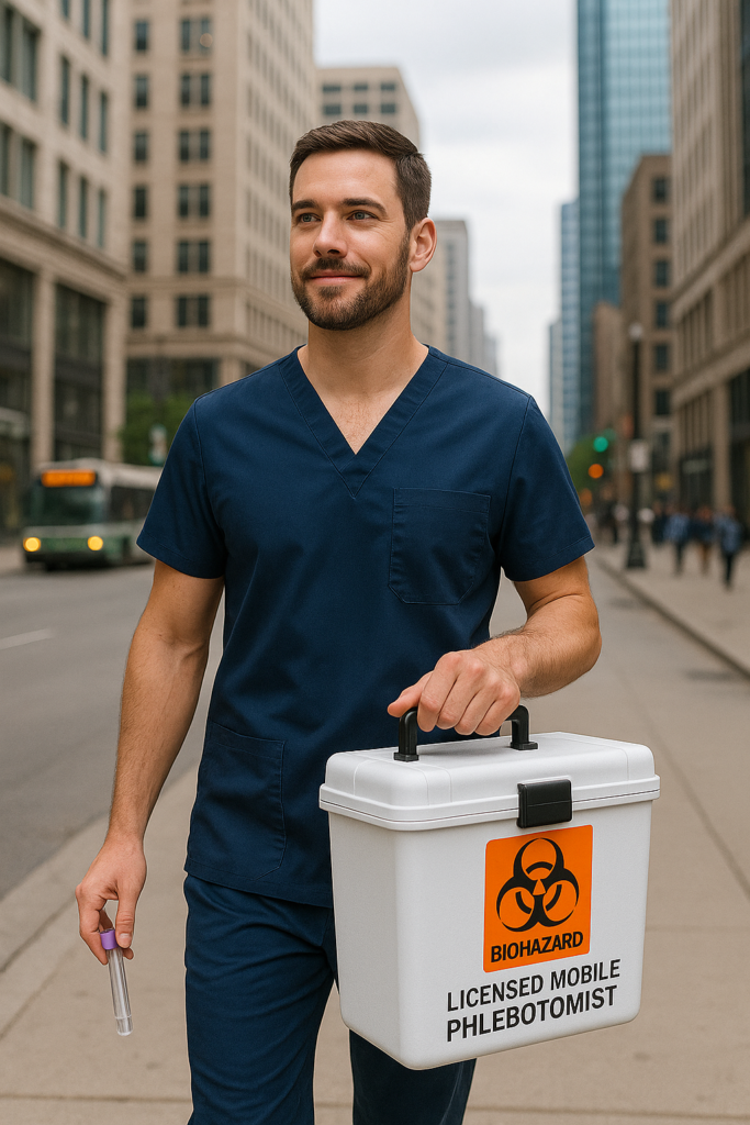 A phlebotomist in scrubs holding a biohazard box