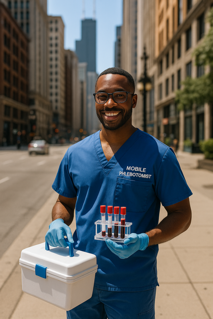 New Hampshire,a phlebotomist in scrubs holding a biohazard box