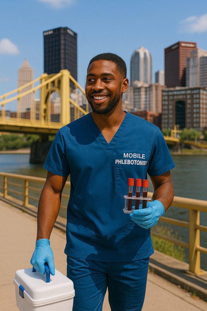 Nebraska, a phlebotomist in scrubs holding a biohazard box
