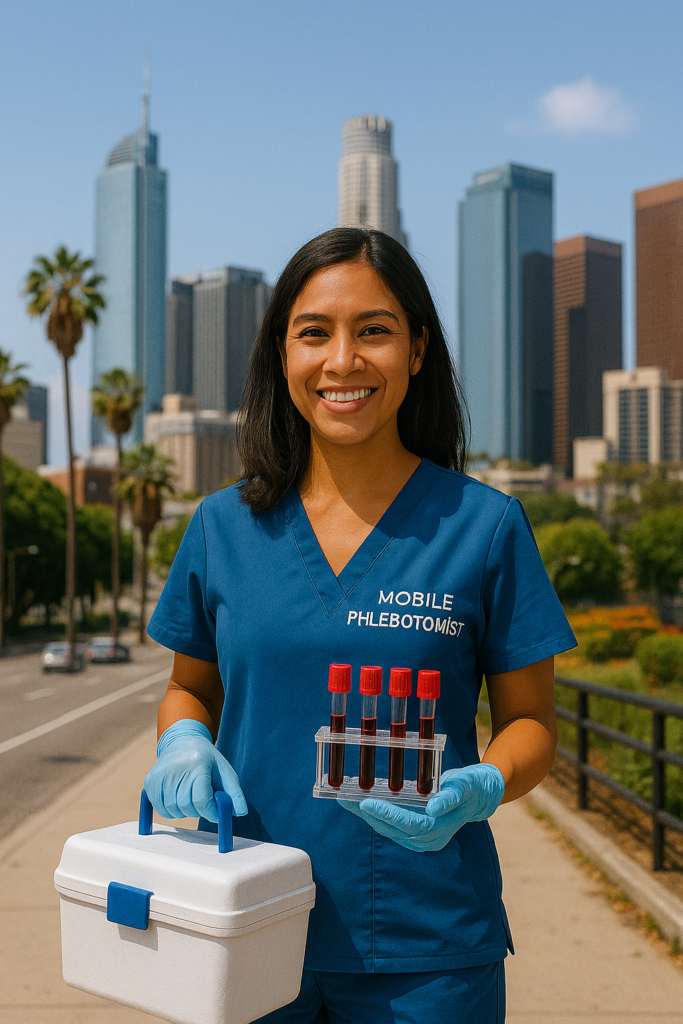 Colorado, a phlebotomist in scrubs holding a biohazard box and specimen