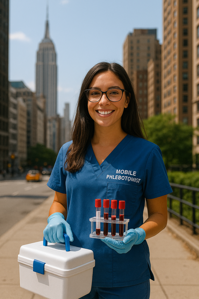 Connecticut, a phlebotomist in scrubs holding a biohazard box and specimen