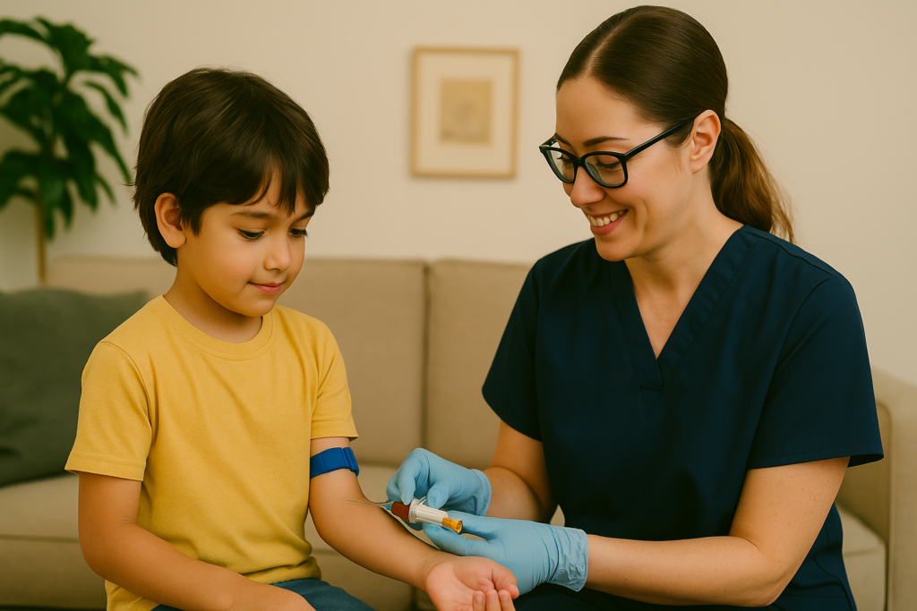Pediatric phlebotomist drawing blood from a young boy at home