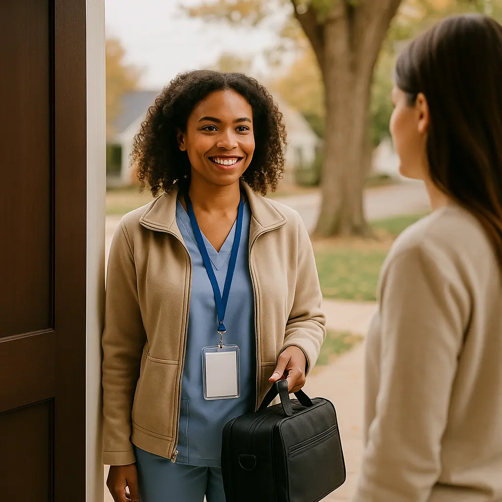 Mobile phlebotomist arriving at a patient’s home for an at-home blood draw appointment