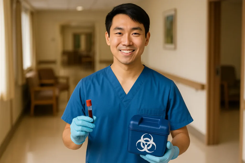 Licensed mobile phlebotomist holding a labeled blood specimen for laboratory testing
