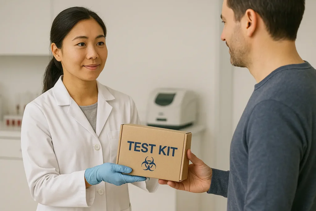 Mobile healthcare professional handing a diagnostic test kit to a patient at home