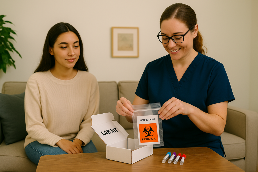 phlebotomist unpacking a lab kit for her patient,