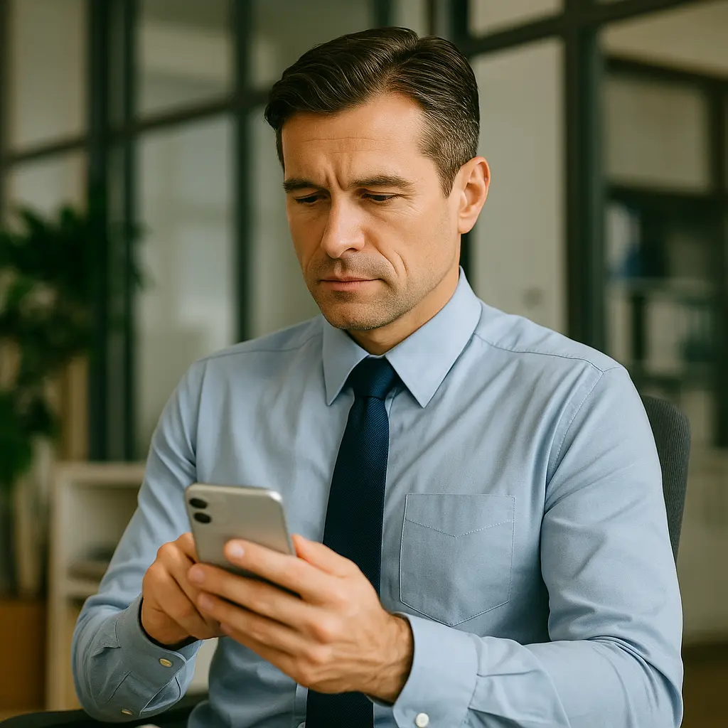 Professional reviewing and scheduling a mobile phlebotomy appointment on a smartphone