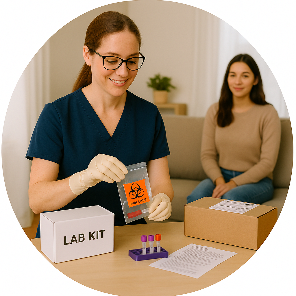 Mobile phlebotomist preparing a lab kit for shipment while a young woman patient observes at home. Includes test tubes, biohazard bag, and shipping box.